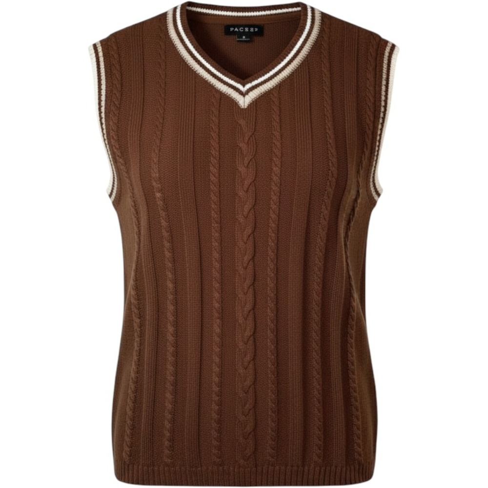 PacSun Brown Cable Knit Sweater Vest V-Neck Varsity Striped Trim Small KNITVST54